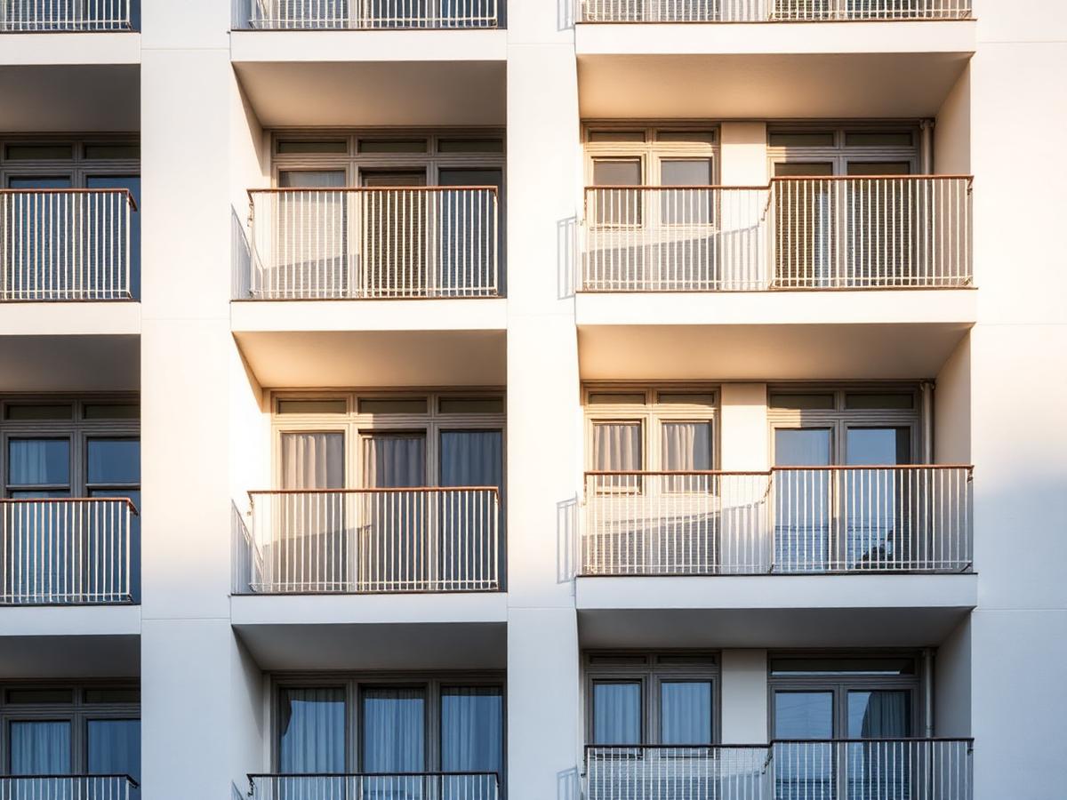 Modern apartment building with balconies in soft daylight