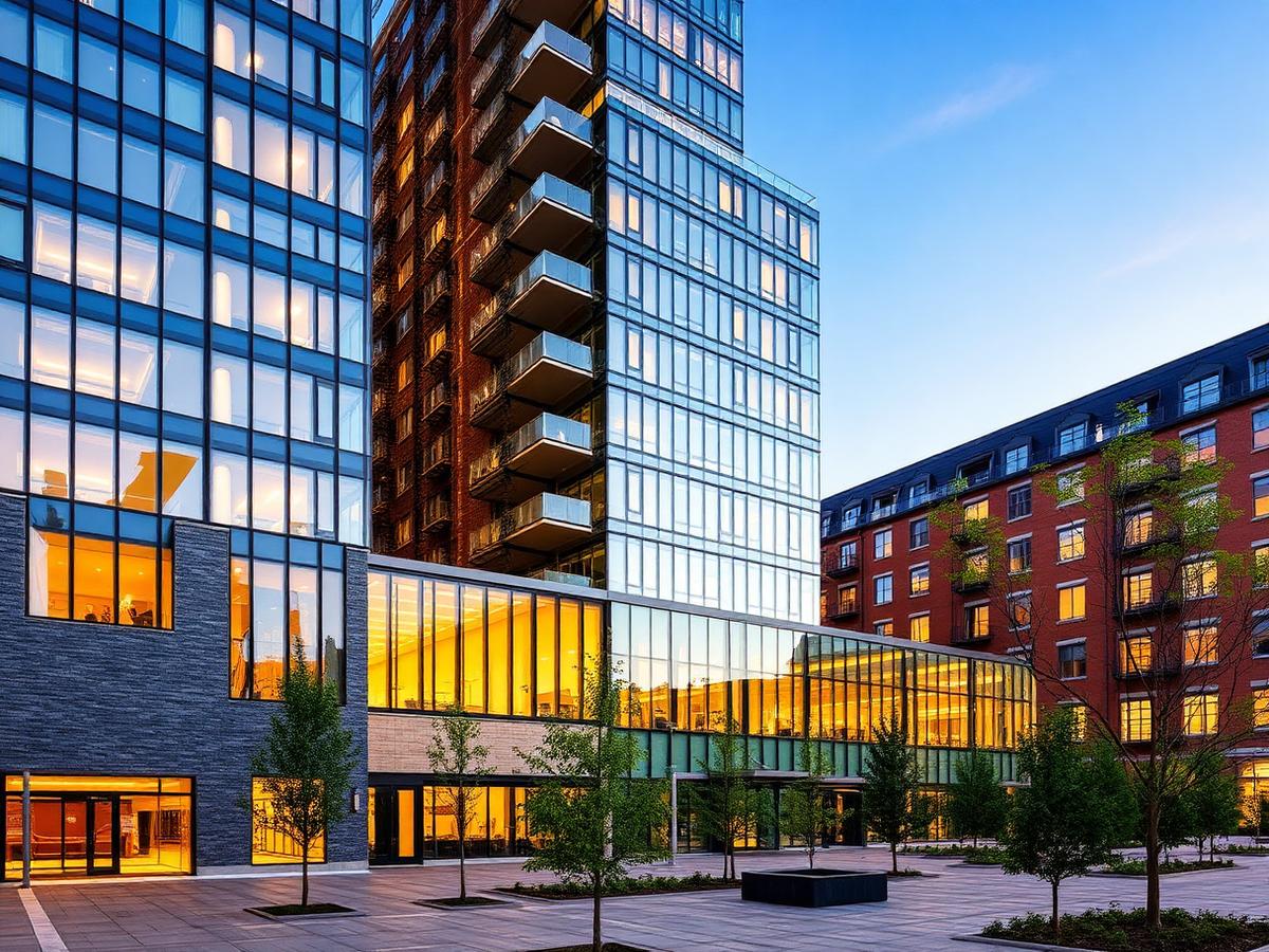 Mixed-use development with glass and dark natural stone at sunset