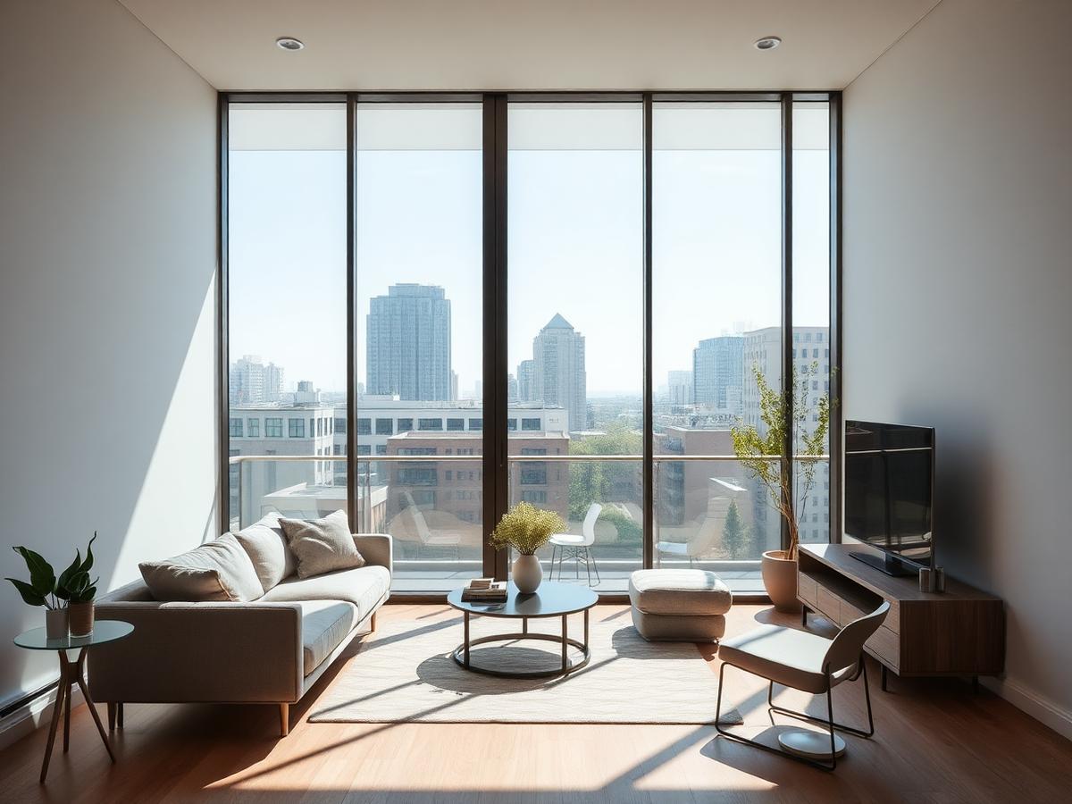 Interior of a luxury new-build apartment with tall windows